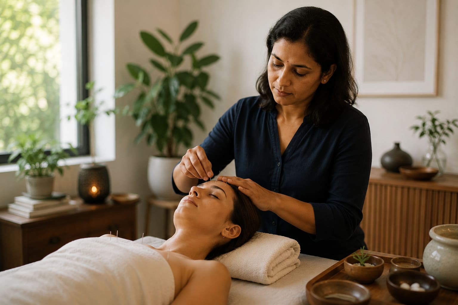 Dr. Malathi providing acupuncture as part of a personalized prevention plan